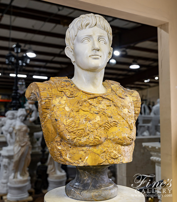 Marble Statues  - Bust Of Caesar Augustus In Antique White & Italian Nuvolato Marble - MBT-435